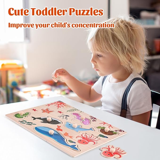 Wooden Peg Puzzles for Toddlers 1-3, 2 Pcs Upgraded Montessori Educational Learning Puzzle Toy Sets - Animal & Sea Themes Puzzles, Great Preschool Gifts for Girls and Boys (8.86 * 11.61in)
