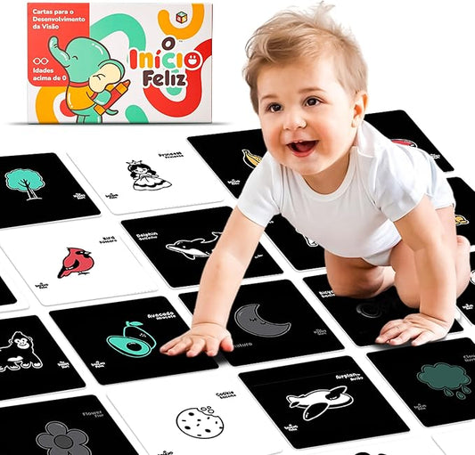 Happy Start High Contrast Baby Cards for Newborns - Black & White Cards, Water-Resistant, BPA-Free, Portable Educational Flashcards for Visual Stimulation, Award-Winning, Ages 0+(English & Portuguese)