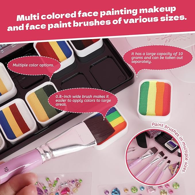 Professional Face Painting Kit for Kids Adults-12*10g Non Toxic Water Activated Face Paint Kit With Brushes,Stencils，Gem Stickers;Halloween,Carnival;Water Based Facepaint Makeup Kit for Kids Party