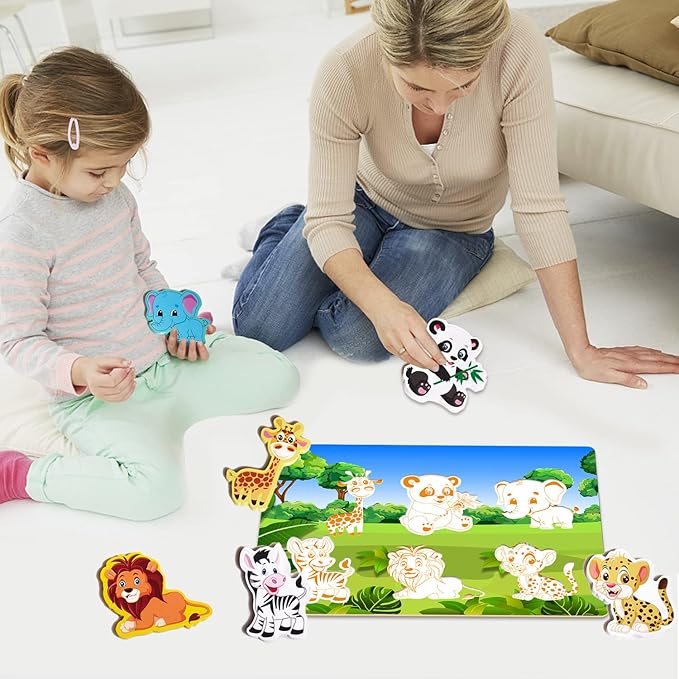 Wooden Peg Puzzle for Toddlers 1-3 Year Old,Funsland Puzzles Gifts Colorful Toys Cartoon Gifts,Zoo Animals Puzzles