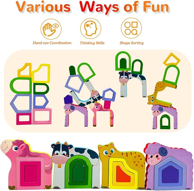 Wooden Montessori Toys for 3 4 Years Old Boys & Girls, Animal Shape Sorter Preschool Learning Toys for Toddlers, Preschool Toddler Puzzles Great Gift Ideas for Kids (Colored-A)