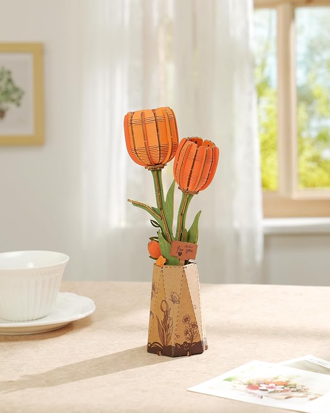 rowood Wooden Flower,DIY Artifical Flower Building Set Craft Kit for Adults,Mother's Day/Valentine's Day for Mom/Women/Grandma-Orange Tulip