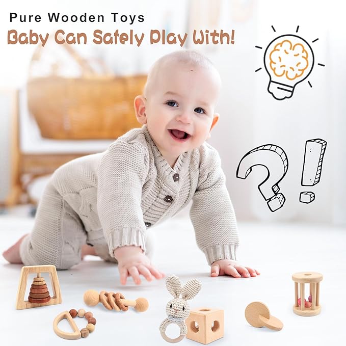 Wooden Baby Rattle, 7PCS Wooden Baby Toys for Babies 18-36 Months, Wood Montessori Toys with Crochet Rabbit Rattle for Infant Grasping, Gift for Baby Girls Boys