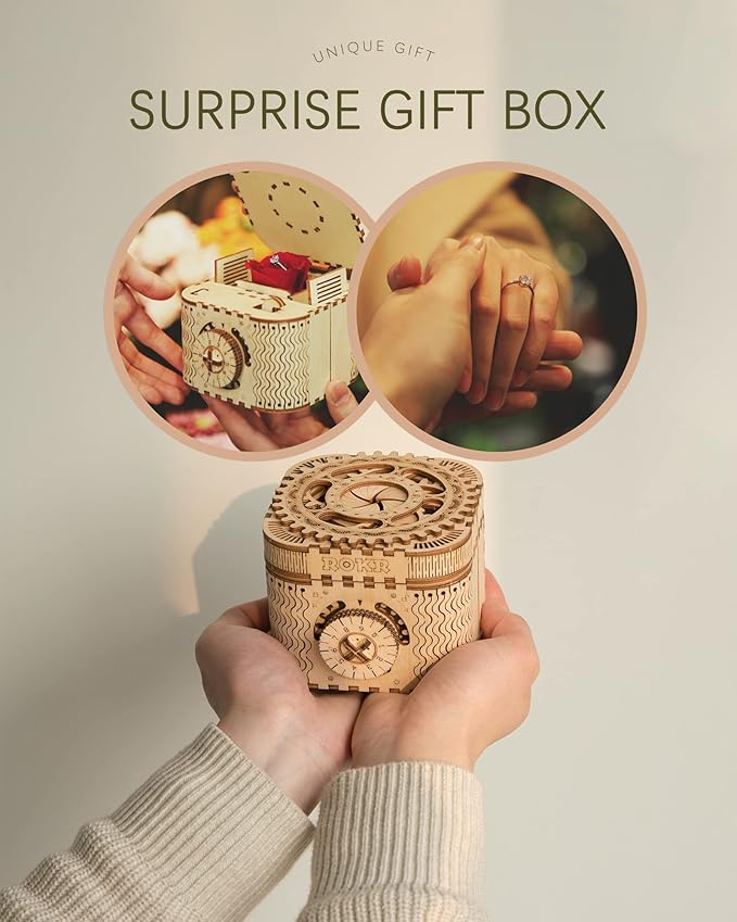 ROKR 3D Assembly Wooden Puzzle DIY Crafts Kit Fun Creative DIY Toy Treasure Box Brain Teaser Mechanical Engineering Model Building Kits Educational Toy Birthday Gift for Adults and Kids Age 14+