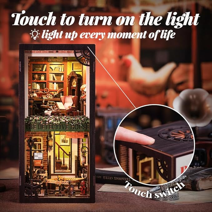Cutefun Book Nook Kit, DIY Miniature Dollhouse Booknook for Adults, 3D Wooden Puzzle Bookend Bookshelf Insert Decor with LED Light, Gift for Craft Lovers (Rose Detective Agency)