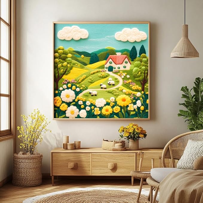 Bgraamiens -Felted Farm Land-1000 Pieces Farm Land Puzzle for Adults,Whimsical Embroidery Art Design, Flowers Art Puzzle