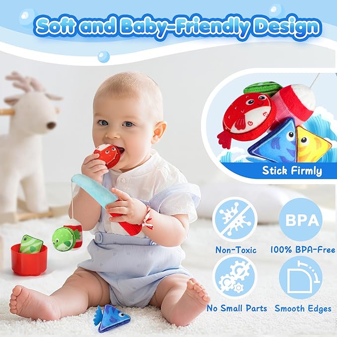 Montessori Toys for 1 Year Old - 17 in 1 Cloth Toddler Fishing Game with Stacking Cups Color Sorting, Baby Toy 12-18 Months One Year Old Boy Birthday Gift, Toddler Toys for 1 2 Year Old Boy Girl Gifts