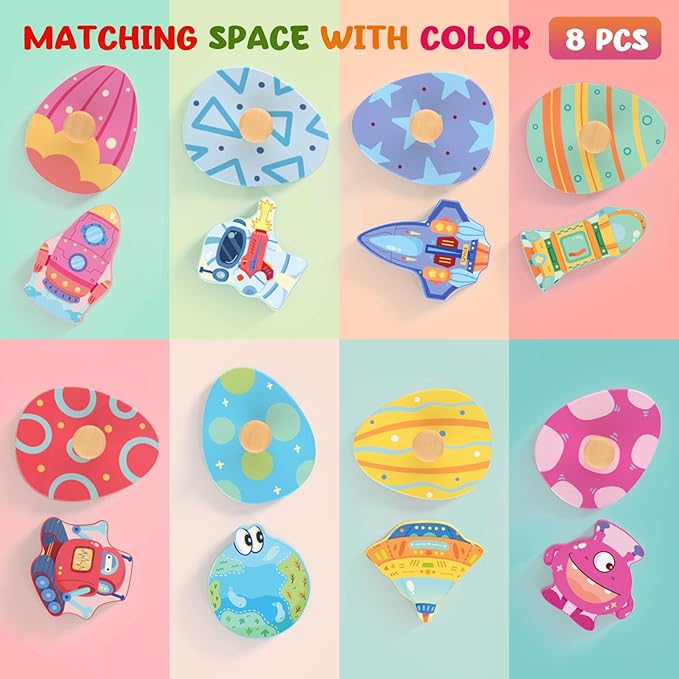 Wooden Puzzles for Toddlers, 8 Pcs Space Matching Egg Puzzle, Solar System for Kids, Montessori Toys for Boy Girl Easter Birthday Gifts, Educational Toys for Boys, Girls
