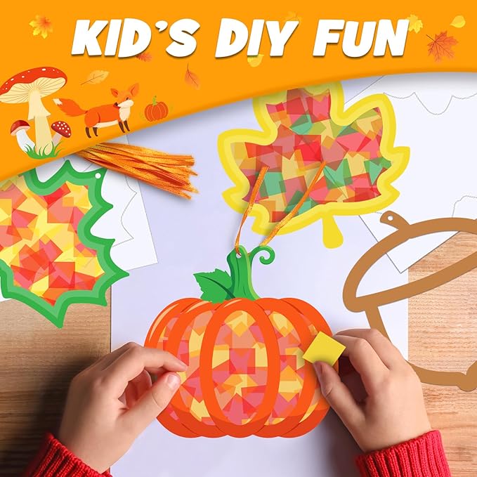 Kepeel 42 Packs Fall Suncatchers Crafts for Kids, Thanksgiving DIY Leaf Pumpkin Acorn Tissue Paper Sign Art Crafts Kit Gift for Autumn Fun Home Classroom Game Activities Party Decor