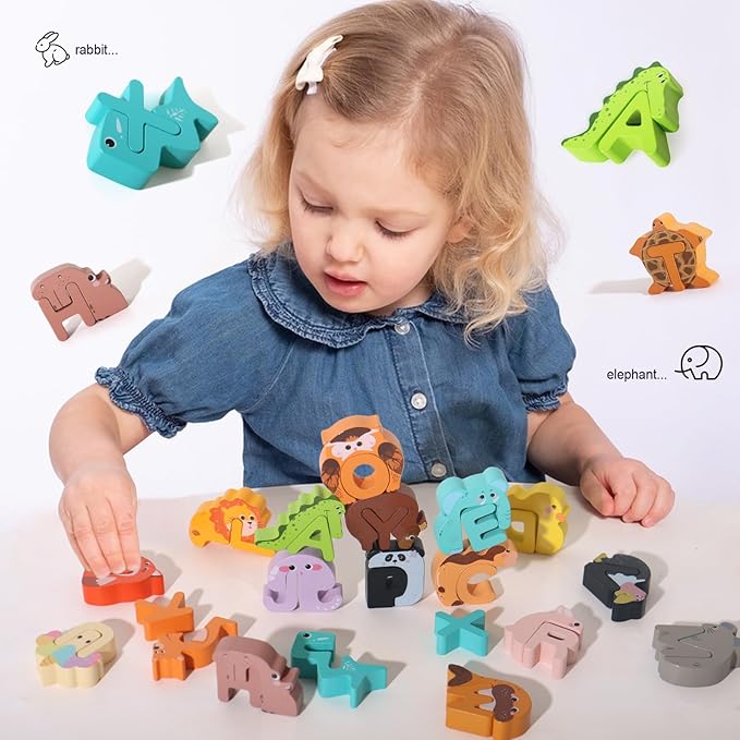 BESTAMTOY 52 Pieces Matching Game, Wooden Alphabet Animal Puzzles for Toddlers, ABC Peg Puzzles for Kids Ages 3-5, Preschool Learning Activities Toys