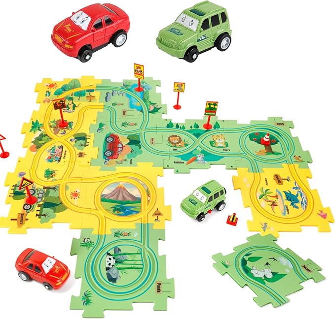 Plastic Floor Puzzles for Kids with 2 Cute Vehicles, Puzzle Racer Kids Car Track Set, Montessori Toys for 3 4 5 6 Year Old Boys, Gifts for 3 4 5 6 Year Old Boys, Toys for Ages 3-4