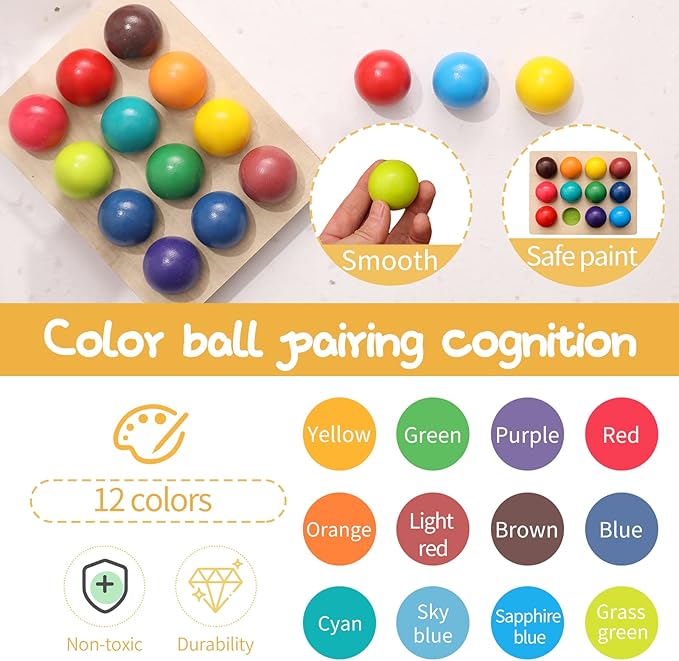 ibwaae Wooden Color Sorting Balls Game Peg Board Rainbow Color Matching Toys 12 Pcs Activities Balls Montessori Toys for Toddlers