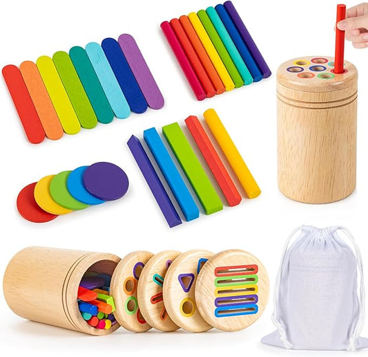 Montessori Toys for 3 4 5 Year Old, 4 in 1 Wooden Color Sorting Toys, Preschool Learning Activities Fine Motor Skills Sensory Toys for Toddlers