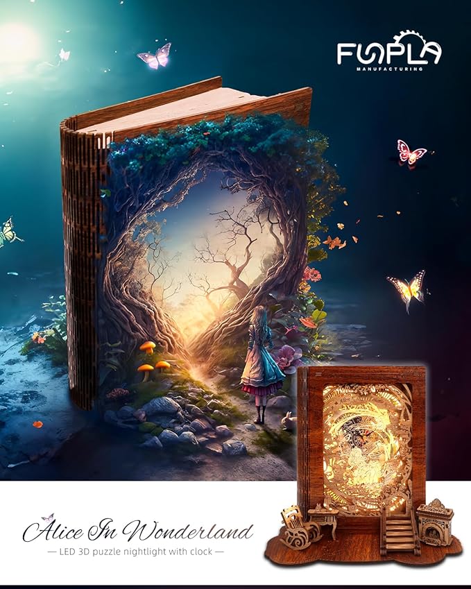 Alice in Wonderland LED 3D Puzzle Nightlight - DIY Book Lamp with Clock - 3D Wood Puzzles Nightlight Home Décor for Kids and Adults