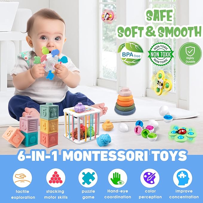 6 in 1 Baby Toys 6 to 12 Months, Montessori Toy for Toddlers 1-3, Infant Teething Babies Toy Stacking Blocks Rings Pull String Toy Sorter Sensory Bin