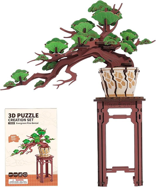 3D Wooden Puzzle for Adults - Evergreen Pine Bonsai, DIY Wood Model Kit, Creative Craft Kit, Unique Gift and Home Decor for Nature Lovers (115PCS)