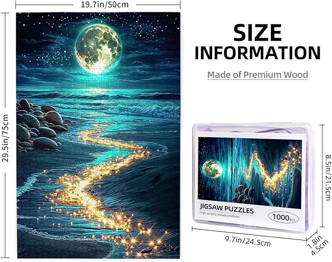 Seaside Moon Puzzles 1000 Pieces ，Beach Puzzles for Adults，Ocean Beach Theme Jigsaw Puzzles，Seaside Puzzle 1000 Pieces，Educational Toys Challenging Fun Games for Family and Friends