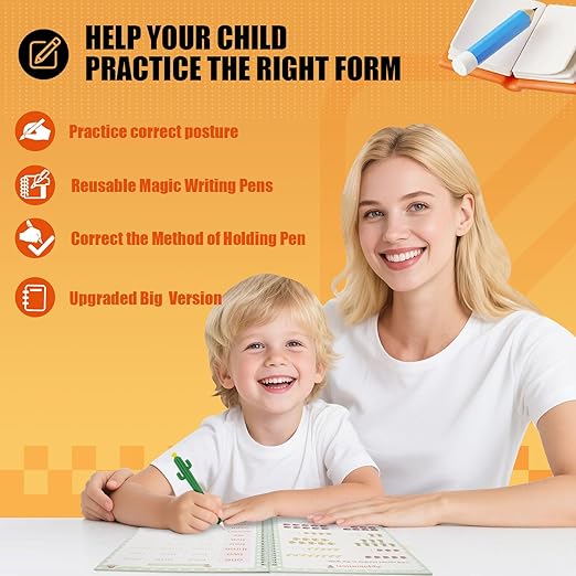 Magic Practice Copybook, Reusable Writing Practice Book, Grooved Handwriting Copybook Set for Preschool Kids Age 3-8 Calligraphy 5.7 * 7.9 inch (5 PCS with 5 Cactus Pens & A Storage Bag)
