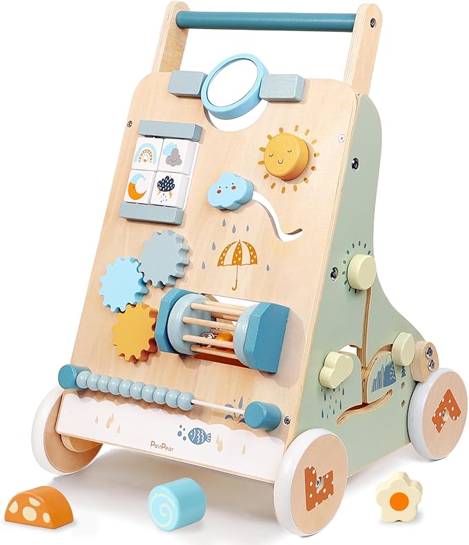 PairPear Wooden Baby Walker, Baby Push Walker, Montessori Walker Toy with Activity Center for Girls Boys, Adjustable Speed Baby Walker for Kids Development