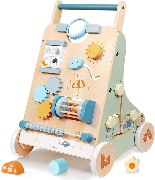 PairPear Wooden Baby Walker, Baby Push Walker, Montessori Walker Toy with Activity Center for Girls Boys, Adjustable Speed Baby Walker for Kids Development