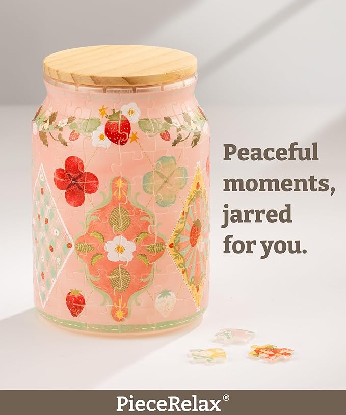 3D Puzzle Jar 128 Plastic Pieces for Adults - Sweetness of Strawberry Use Includes Divider Pen & Utensil Holder with Wooden Lid Dining,Study Living Room Medium [BA1014]