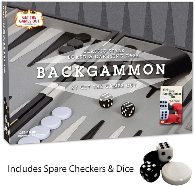 Get The Games Out Backgammon Set, Classic Board Game Case, 2 Players, Includes Strategy & Tip Guide, Perfect for Parties and Family Game Nights - Small, Black
