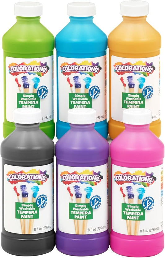 Colorations Paraben-Free Washable Tempera Paint for Kids - 8 Ounce Bottles, Set of 6 Colors, Non-Toxic and Made in the USA