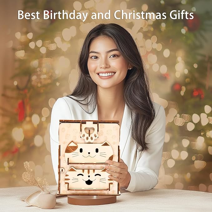 3D Wooden Puzzles for Adults: DIY Jewelry Box with Mirror, Cat Model Craft Kit, Creative Gift for Women Men Birthday Christmas Home Decor and Storage