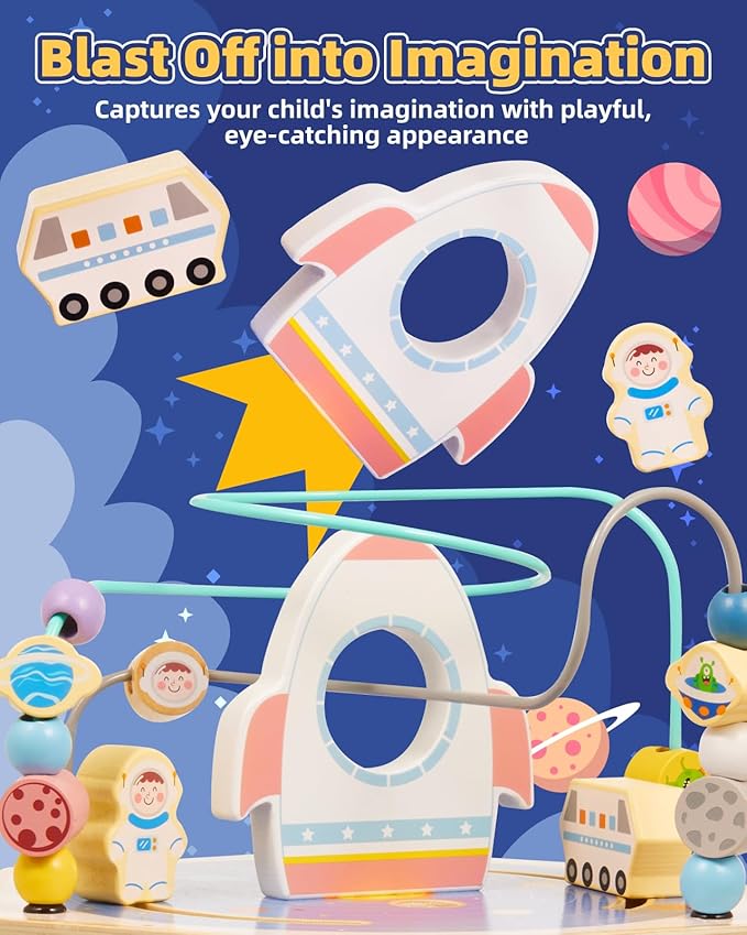 Large Wooden Space Activity Cube Toys, 9-in-1 Early Educational Montessori Learning Toys for 2 3 4 Toddlers with Abacus Bead Maze for 24+ Months Boys Girls First Birthday