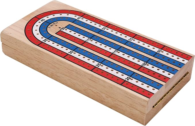 STERLING Games Folding Cribbage 3 Track Wooden Cribbage Board with Red White Blue Pegs for 3 Players