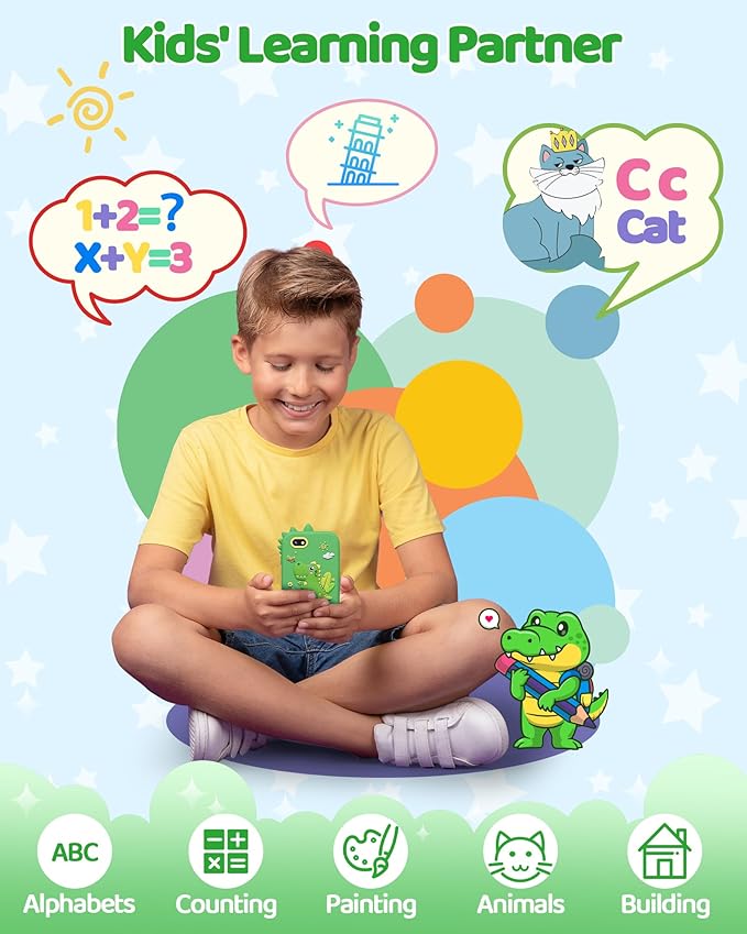 Kokodi Kids Smartphone Toy, Touchscreen HD Dual Camera Cell Phone for Kids, Dinosaur Toddler Play Phone for Boys 3-10, Learning Toy with 8GB SD Card (Green)