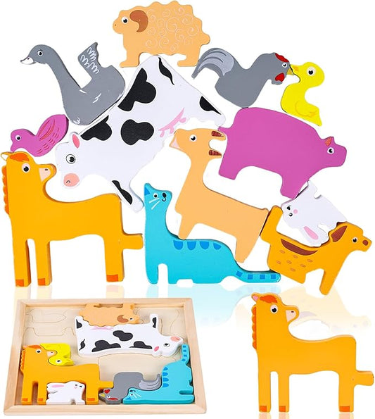 LovesTown Wooden Stacking Puzzles for Kids, Farm Animal Chunky Jigsaw, Educational Learning Toy, 12 PCS