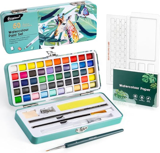 Prudiut Watercolor Paint Set, 50 Colors, Watercolor Set with Watercolor Paper, Palette, Brushes, Ideal for Adults Kids Beginners Artists