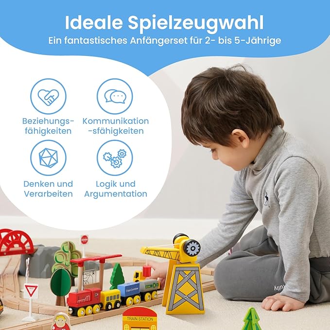 Tiny Land 55PCS Wooden Train Set - Compatible with Major Brand Tracks, Educational Toy for Toddlers & Kids Ages 3-7, Durable Wooden Railway Tracks