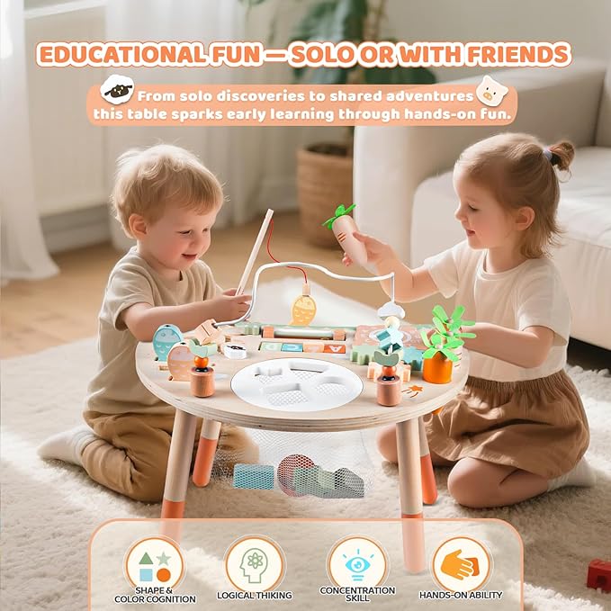 Activity Table for 1+ Year Old, 9-in-1 Montessori Wooden Sensory Play Table with Shape Sorter Fishing Game Bead Maze, Baby Activity Center Learning Toys for Toddler 12-18 Months