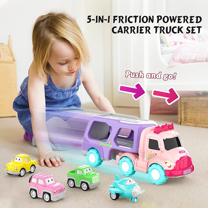 Toys for 1 2 3 Year Old Girl, 5-in-1 Carrier Truck for Toddler Girl, Friction Power Toy Cars with Light & Sound, Birthday Gifts, Pink