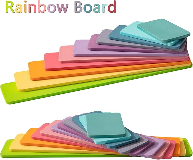 Wooden Pastel Building Board, 11Pcs Rectangle Rainbow Straight Slats, Wooden Rainbow Stacking Toy, Learning Creative Thinking Toys