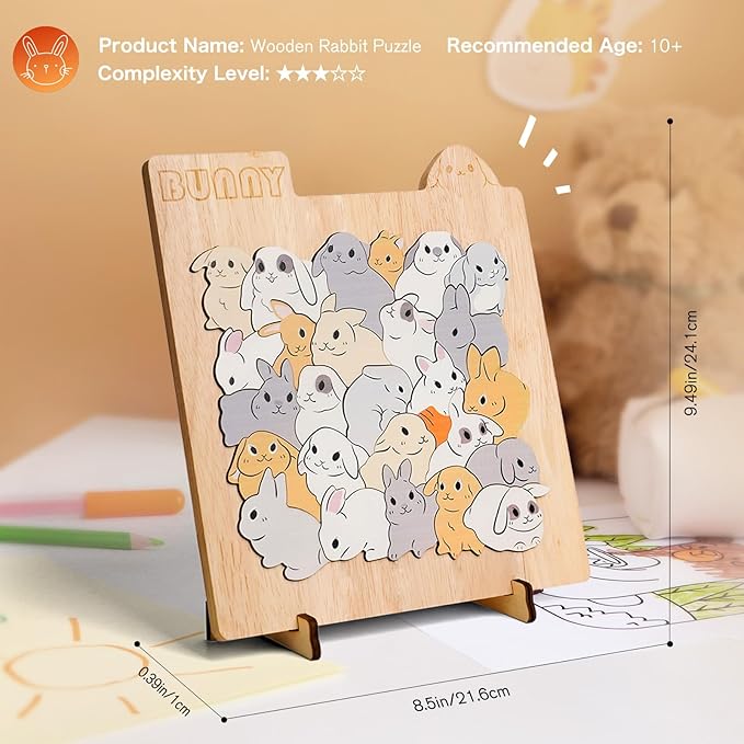 Wooden Bunny Puzzle Game, Wooden Jigsaw Puzzles for Adults Kids, Unique Rabbits Shape Puzzles, Christmas Birthday Gifts for Friends and Family, Bunny Lover Gifts for Home Decor