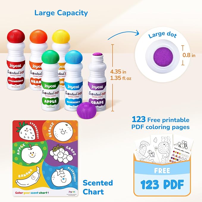 Joycat Vibrant Fruit-Scented Washable Dot Marker for Kid - 6 Color with Carry Handle, scented chart & 123 PDF Free Pages, Non-Toxic & Safe,Bingo Dauber Marker for Toddler 1-3, Art and Craft Kit Supply