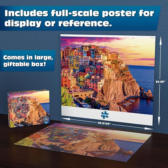 Buffalo Games - Sapphire Select - Cinque Terre Sunset - 1000 Piece Jigsaw Puzzle – Challenging & Fun – Blue Core Puzzle Board – Giftable Display Box - Full Size Poster Included