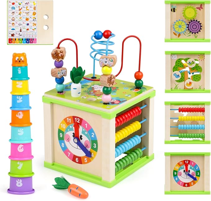 Wooden Activity Cube,Montessori Toys Gift Set for 12+ Months Boys & Girls,Educational Learning Toys for Toddlers Age 1+,First Birthday Gift for Baby
