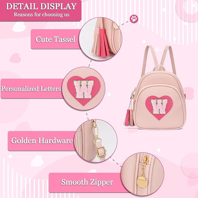 Girls Initial Mini Backpack Gifts for Kid Toddler Little Girl Teen Small Cute Heart Backpack Purse Preschool Kindergarten Bookbag，Pink-W