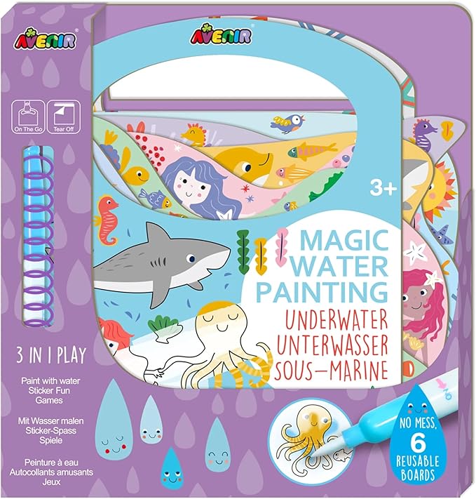 Avenir Reusable Water Coloring Book for Toddlers 1-3 & 3-5 – Mess-Free Paint-with-Water Travel Toy Airplane Activities Road Trip Quiet Book, Water-Reveal Activity Pad, 3-in-1 Creative Set