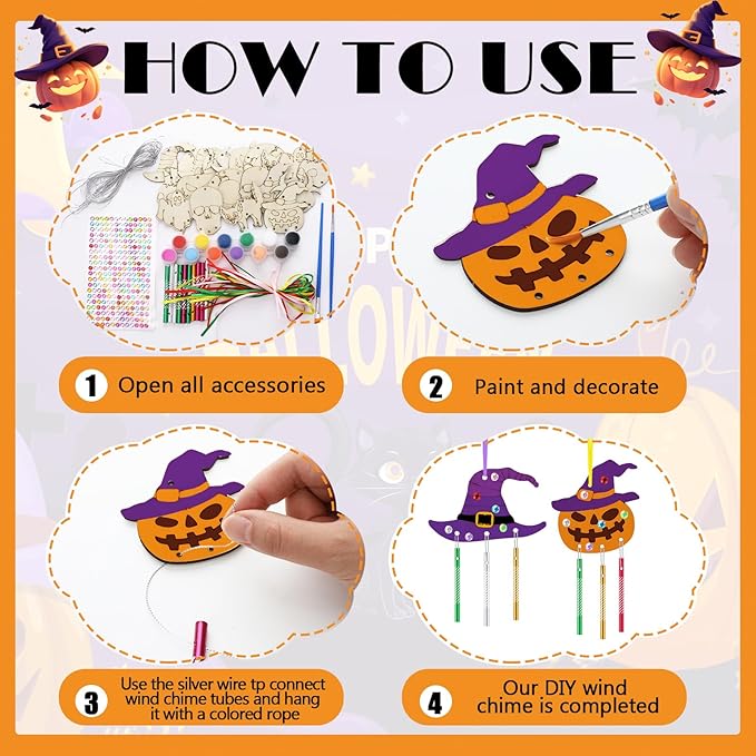 JellyArch 30 Pack Halloween Wind Chime Making Kit for Kids Make Your Own Wind Chime Ghost Spider Wooden Crafts Ornaments for Girls Boys DIY Activity Birthday Decoration