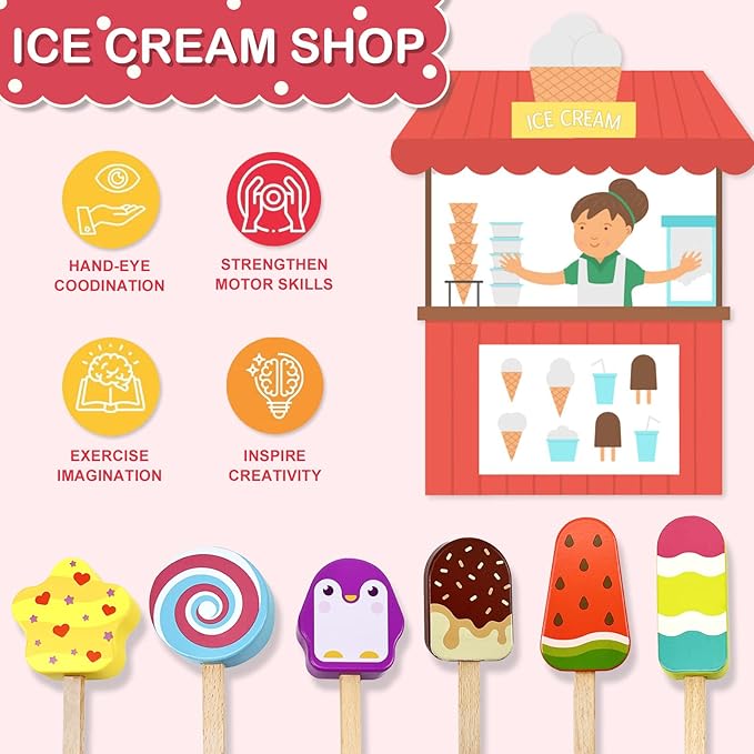 Wooden Ice Cream Toy for Kids, Toddler Pretend Play Food Ice Lolly Pops Set, Preschool Educational Toys and Gifts for Kids Age 3 4 5 6 Years Old
