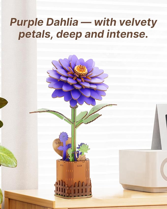 Welsky 3D Dahlia Wooden Puzzles for Adults, DIY Wooden Flower Craft Kit, Artificial Flowers Model Kit to Assemble for Adults.(6.14 * 3.9 * 8.86in 117PCS)