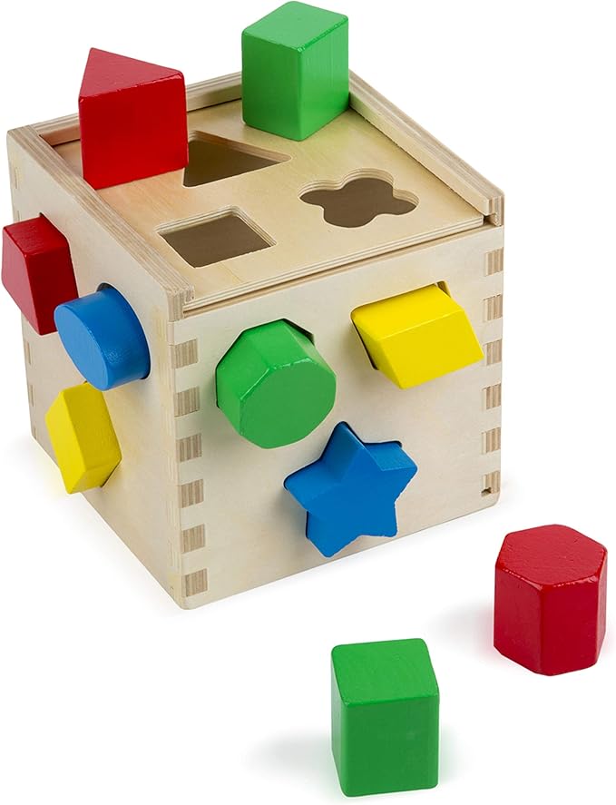 Melissa & Doug Geometric Stacker - Wooden Educational Toy & Shape Sorting Cube - Classic Wooden Toy with 12 Shapes