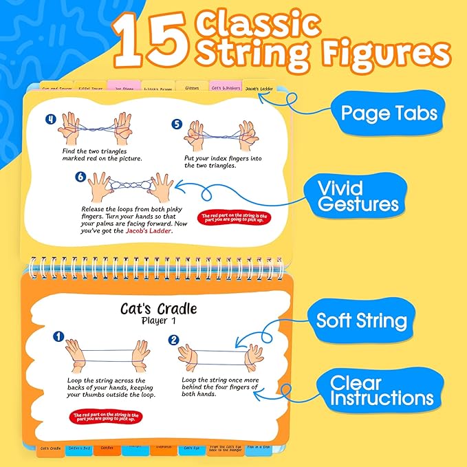 Cat’s Cradle String Game Book with String,Classic String Games with Step-by-Step Instructions,Cats Cradle Book,Fine Motor Skills Toys,Gifts for Kids 6-12 Year Old,Girl Boy Gift，Kids Books