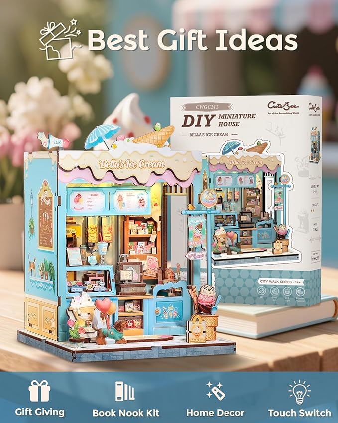 CUTEBEE Book Nook Kit, DIY Miniature House Kits for Adult and Teens, Dollhouse Booknook Tiny House, Bookshelf 3D Wooden Puzzle, DIY Craft Gifts for Family and Friends (Bella's Ice Cream)
