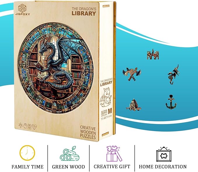 Jigfoxy Wooden Puzzles for Adults, Dragon's Library Wood Puzzles Adult, Unique Animal Shape Wooden Jigsaw Puzzles for Adults, Birthday Gifts for Puzzle Lovers, Family (M-11.4 * 11.4in-200pcs)